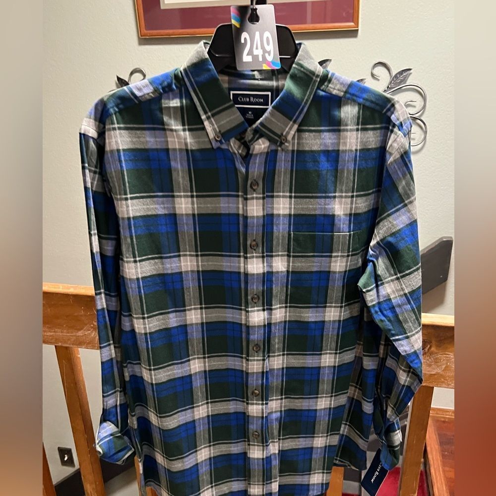 Nwt Club Room Green And Blue Plaid Shirt Size Medium #249